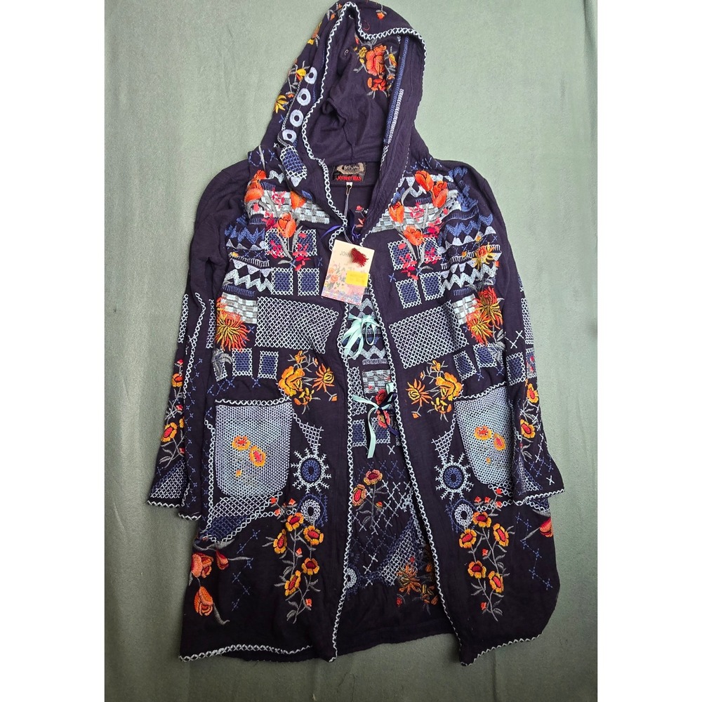 Johnny Was Biya Embroidered Hooded Cardigan Navy Blue Floral Cotton Duster‎ S